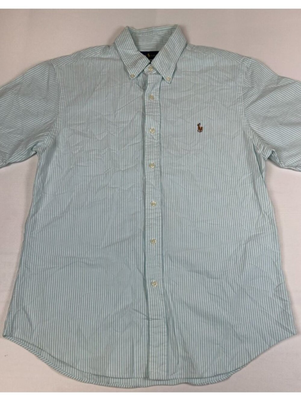 Ralph Lauren Men Large L Green White Striped Slim Fit Short Sleeve Shirt